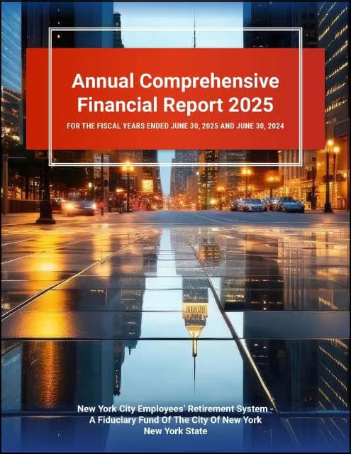 Cover of the Annual Comprehensive Financial Report 2025 for the New York City Employees’ Retirement System, featuring a cityscape with lights and reflections on wet pavement.